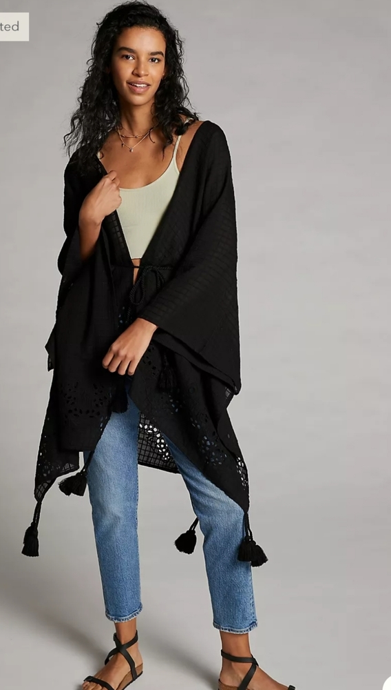 Anthropologie Black Tassled Eyelet Kimono